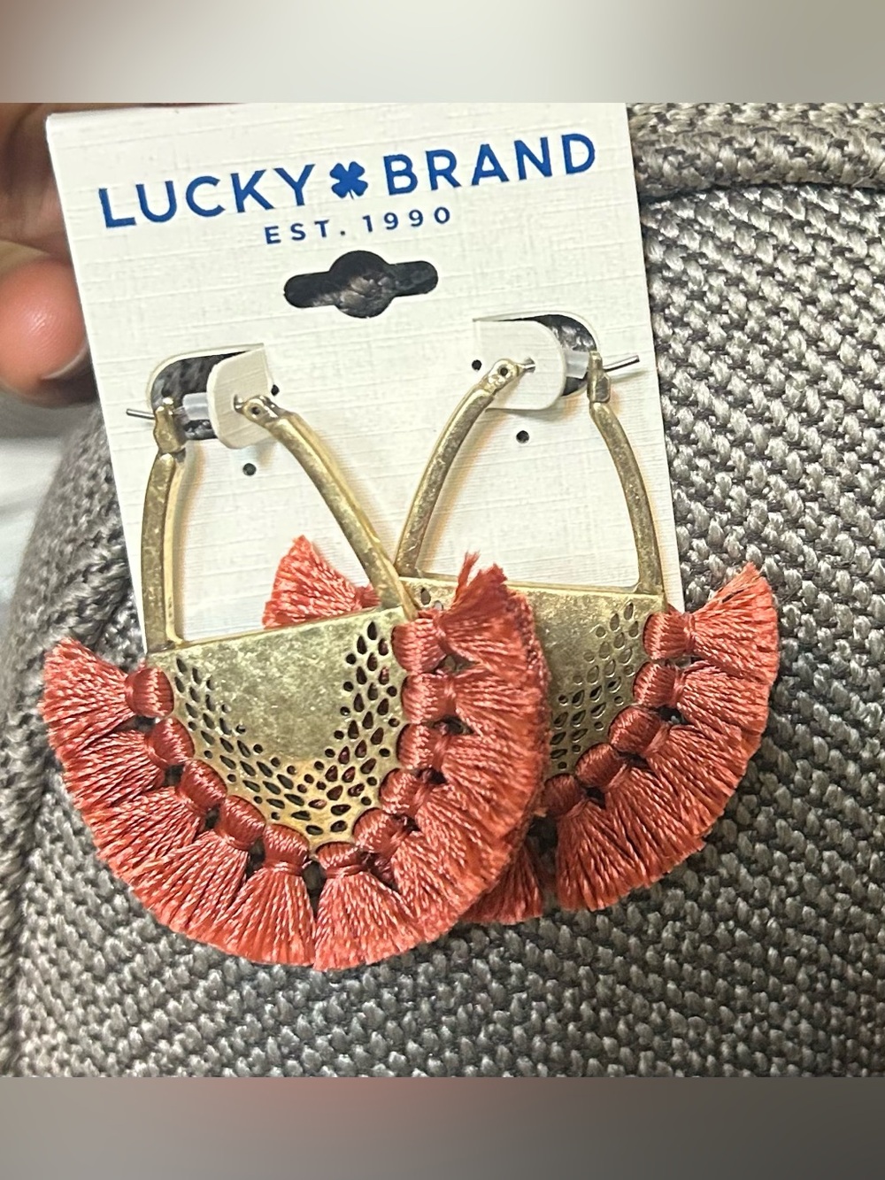Lucky Brand Antique Gold Hoop Earrings with Coral Tassel Fringe
